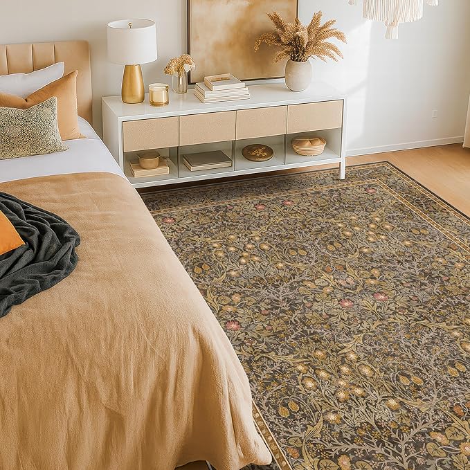Washable Dining Room Rugs for Under Table - 6x9 Brown Oriental Area Rug for Living Room, Low Pile Non-Slip Floor Carpet for Bedroom Under Bed - Vintage Design & Stain Resistance