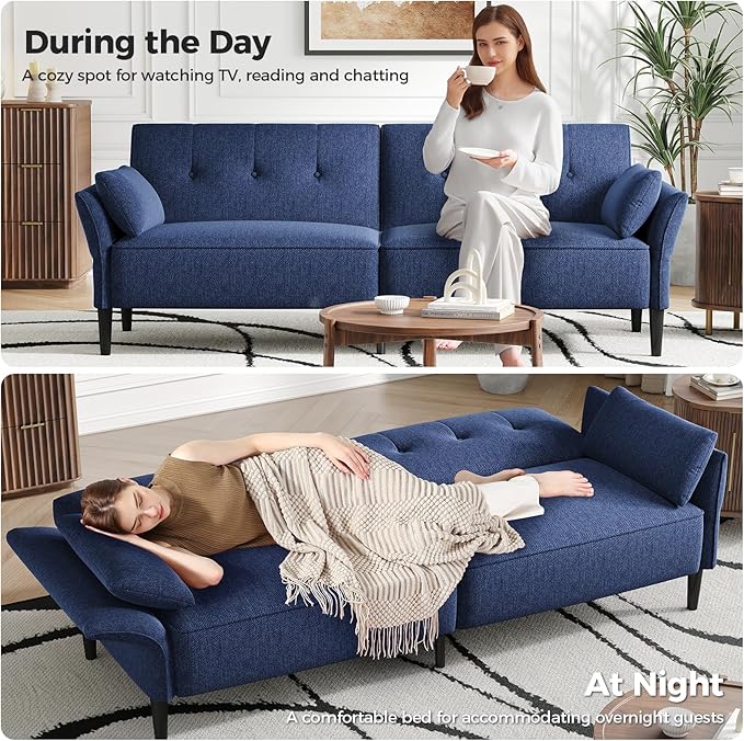 89” Futon Sofa Bed,Comfy Futon Couch Bed with 2 Square Pillows,Convertible Sleeper Sofa with Adjustable Backrest& Armrests, Modern Loveseat Sleeper for Living Room, Bedroom, Linen Blue