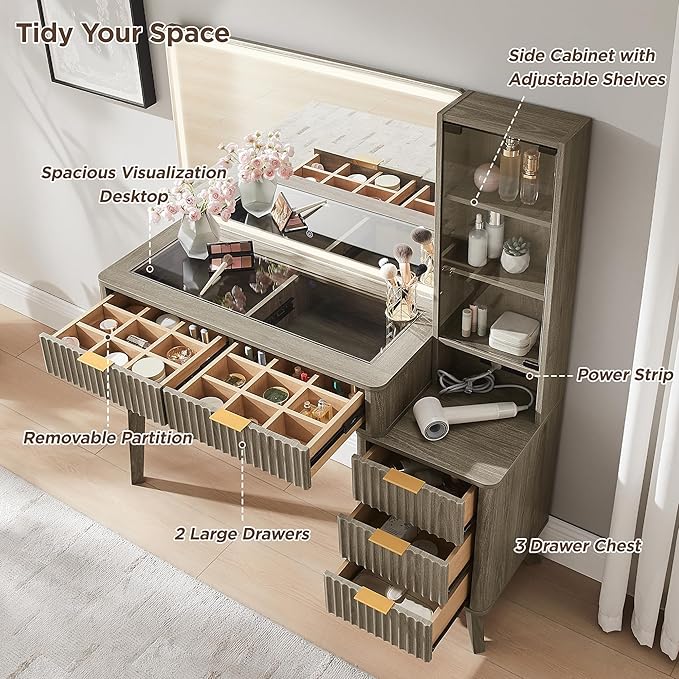 T4TREAM 48" Fluted Makeup Vanity Desk with Large 36" Mirror and Lights, Modern Glass Top Big Vanity Table w/5 Drawers & Adjustable Shelves, Dressing Table w/Charging Station for Bedroom, Grey Alder