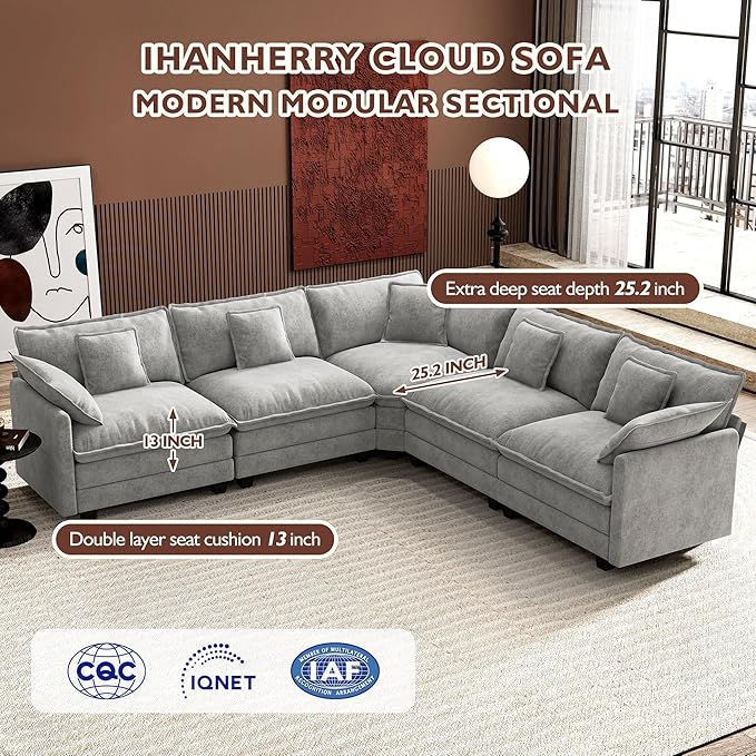 Ihanherry 114" V-Shaped Modern Sofa Modular Sectional Cloud Couch with Corner Section, 5-Seat Chenille Deep Seat Sofa with 5 Pillows for Living Room, Bedroom and Apartment, Grey