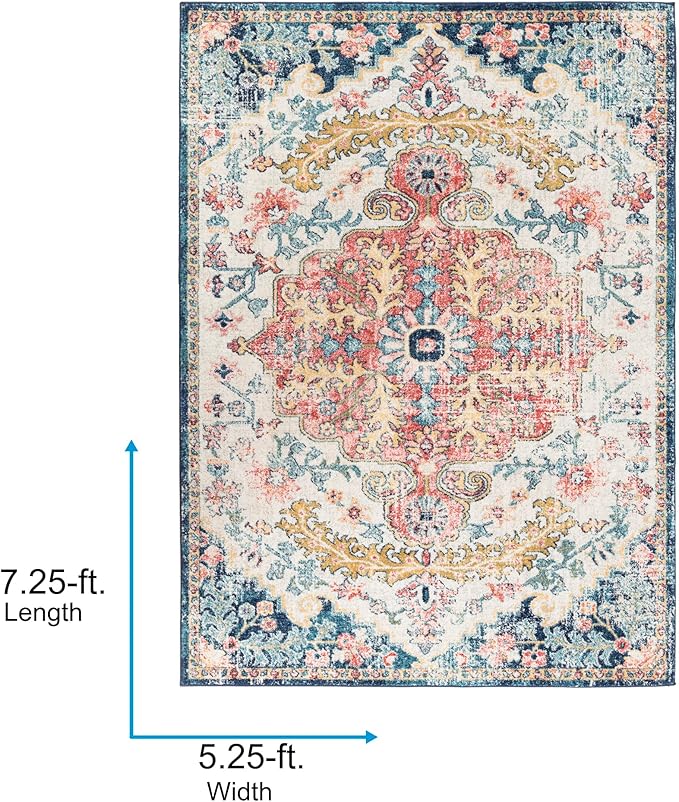 Livabliss Area Rugs - 5x7 Odelia Vintage Boho Aqua Burgandy Blue Area Rug for Living Room Bedroom - Floral Medallion Stain Resistant Carpet for Kitchen, Nursery, Office (5'3" x 7'3")
