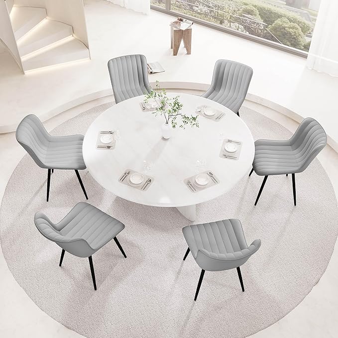 YOUNUOKE Mid-Century Modern Dining Chairs Set of 2, Grey PU Leather Upholstered Kitchen Chairs with Black Metal Legs, Armless Accent Chair for Dining Room, Guest Reception Room