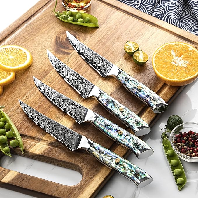 Seido Awabi 13-Piece VG-10 Damascus Knife Block Set, Abalone Handles
