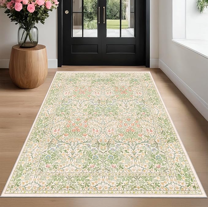 Light Green Bedroom Rug 5x7 Area Rug for Living Room, Vintage Washable Floral Floor Mat for Nursery, Dining Room Low Pile Non Slip Stain Resistance Distressed Retro Indoor (5x7 Beige Green)