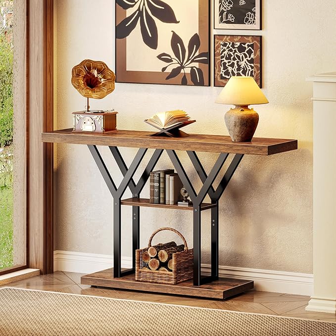 Huuger 47.2 Inch Entryway Table, Industrial Console Sofa Table, 3 Tier Accent Table, for Entry, Hallway, Entrance, Foyer, Y-Shaped Metal Base, Rustic Brown