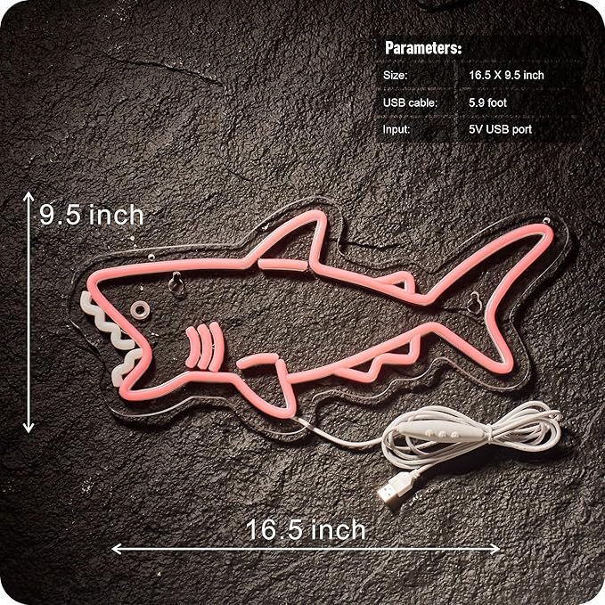 Pink shark neon sign for wall decor cute pink shark LED light wih Dimmer