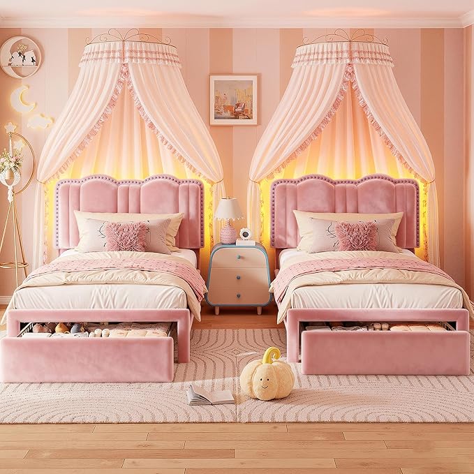 EnHomee Twin Bed Frame with Velvet Cloud Headboard, Storage Drawer and LED, Headboard Height Adjustable, Strong Support, No Box Spring Needed, Easy Assembly, Pink