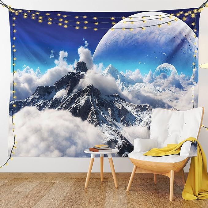 Ambesonne Fantasy Tapestry King Size, Celestial View of Snow Capped Mountains and Alien Planet Print, Wall Hanging Bedspread Bed Cover Wall Decor, 104" X 88", White and Navy Blue
