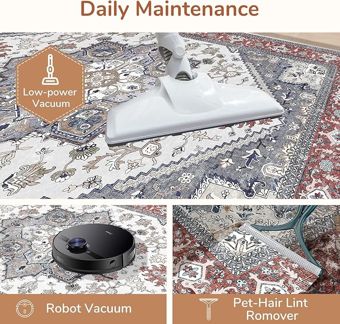 OPPODREAM Thin 8x10 Area Rugs, Washable Rugs 8x10 with Non Slip Backing, Faux Cashmere Low-Pile 8 x 10 Carpet, Red & Grey