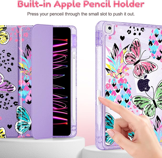 Mektron Sparkly Case for iPad 10.2 inch Glitter Tablet Cases for iPad 9th Gen 2021/8th Gen 2020/7th Gen 2019 Cover with Shiny Clear Back Shell Foldable Bling Smart Cover Blue Floral