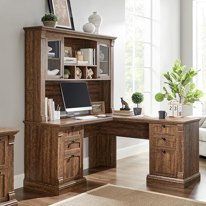 OKD 60" L Shaped Executive Desk with Hutch and Drawers, Farmhouse Home Office Desk with Charging Station, File Cabinet Storage, Wood Corner Computer Desk for Work and Study, Reclaimed Barnwood
