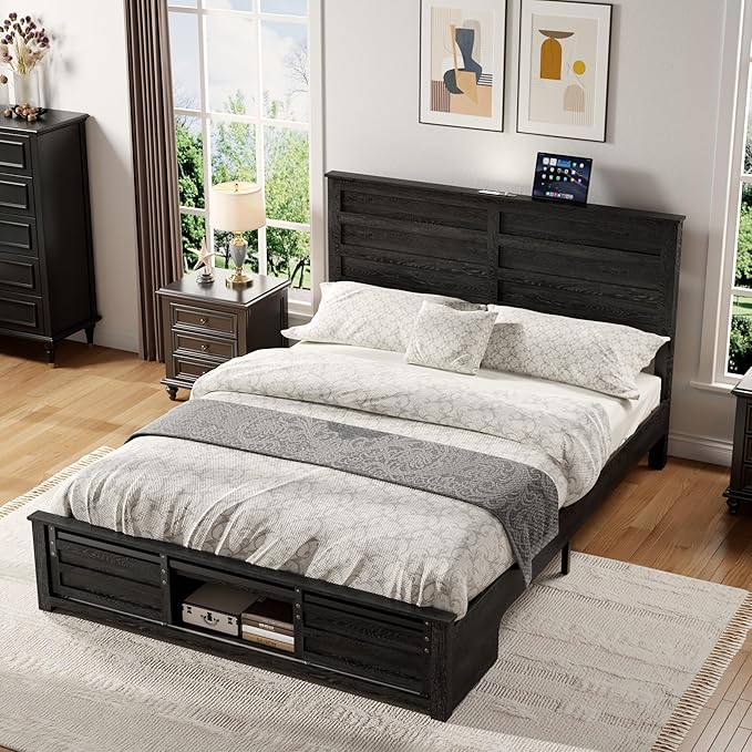 Wooden Bed Frame Queen Size with Headboard & Sliding Barn Door Storage Footboard, Farmhouse Platform Bedframe with Charging Station, No Box Spring Needed (Black, Queen)