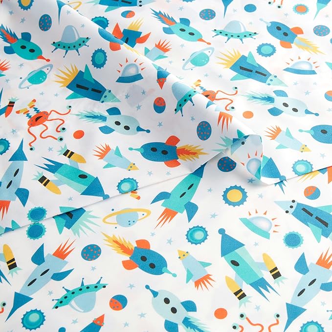 Amazon Basics Microfiber Kids' Sheet Set with Pillowcase, 4 Piece, Full, Cosmic Adventure