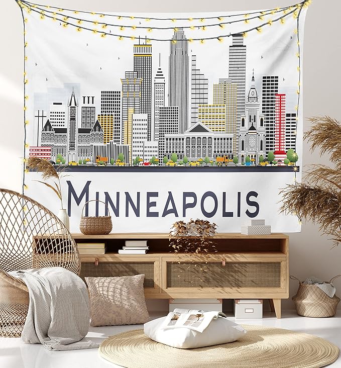Ambesonne Minnesota Tapestry Twin Size, Elevation of a Street in Minneapolis Image with High Detailed Facades, Wall Hanging Bedspread Bed Cover Wall Decor, 68" X 88", White Grey
