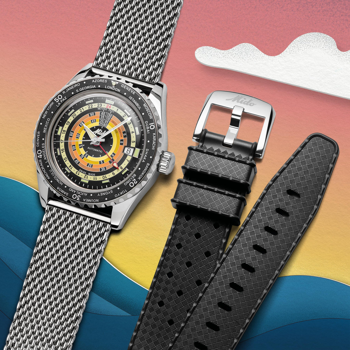MIDO Ocean Star Decompression Worldtimer - Swiss Automatic GMT Watch for Men - Black Dial - Stainless Steel 40.5mm Case - M0268291705100