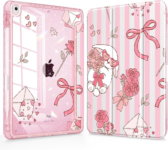 Case for iPad 9th/ 8th/ 7th Generation 10.2-Inch Case(2021/2020/2019 Release) Glitter Tablet Cases with Transparent Acrylic Back+Trifold Stand+Pencil Holder+Auto Wake/Sleep Bows-Stripe