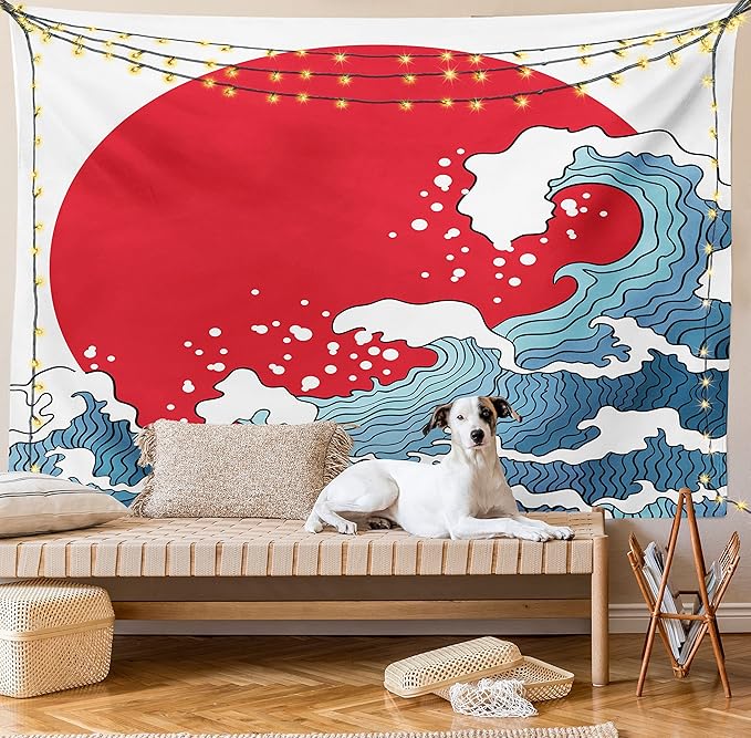 Ambesonne Japanese Wave Tapestry Twin Size, Big Red Sun Setting Scenery Tropical Nautical Tsunami Swirls, Wall Hanging Bedspread Bed Cover Wall Decor, Twin Size, Red Blue White