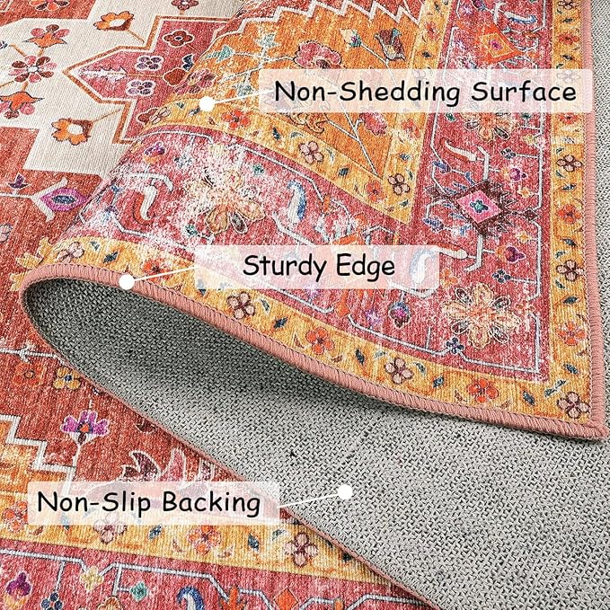 Moynesa Ultra-Thin Washable Vintage Area Rug - 5x7 Large Bedroom Boho Non-Slip Non-Shedding Living Room Mat Oriental Medallion Floor Carpet for Kids Nursery Room Office, Pink/Teal/Multi