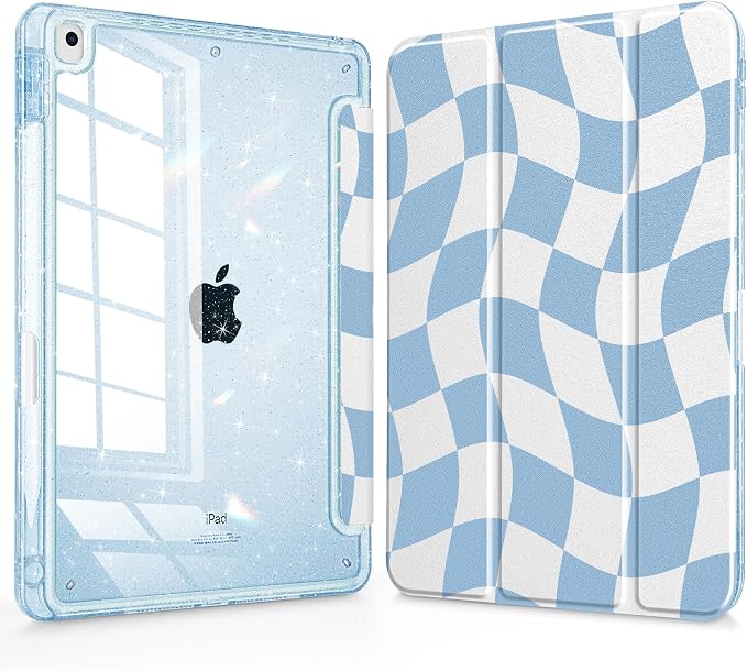 Case for iPad 9th/ 8th/ 7th Generation 10.2-Inch Case(2021/2020/2019 Release) Glitter Tablet Cases with Transparent Acrylic Back+Trifold Stand+Pencil Holder+Auto Wake/Sleep Bows-Stripe