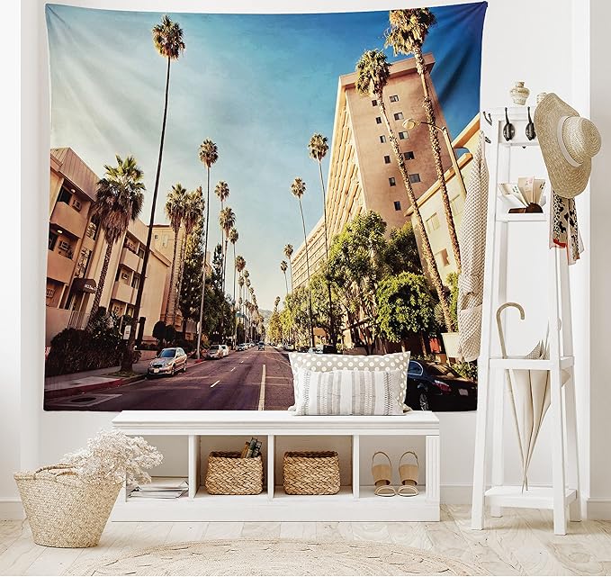 Ambesonne Urban Tapestry, Street in Beverly Hills CaliforniPalm Trees Houses Famous City Photo, Fabric Wall Hanging Decor for Bedroom Living Room Dorm, 30" X 45", Pale Blue Peach Green