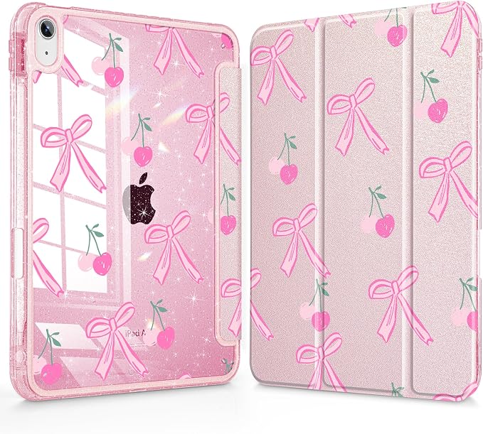 for iPad Air 11 inch M4/M3/M2 (2026/2025/2024) iPad Air 5th/4th Gen (2022/2020) 10.9 inch with Pencil Holder Glitter Clear Pretevtive Cover Auto Wake/Sleep Black Cartoon Stickers