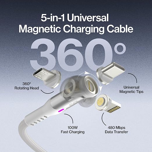 Statik 360 Pro Magnetic Charging Cable - Type C Charger Fast Charging 3 in 1 USB C to USB C Cable Micro USB &amp iProduct Tips USB A Adapter Fits All Devices - 100W Fast Charger Black 10FT/3M