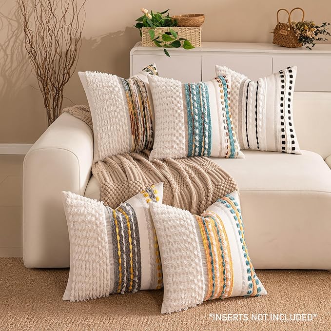 KOOLIFE Boho Chenille Tufted Couch Throw Pillow Covers 18x18 Inch Set of 2 Farmhouse Striped Decorative Pillow Covers Accent Neutral Pillowcase Black Cushion Cover for Living Room Sofa Bed