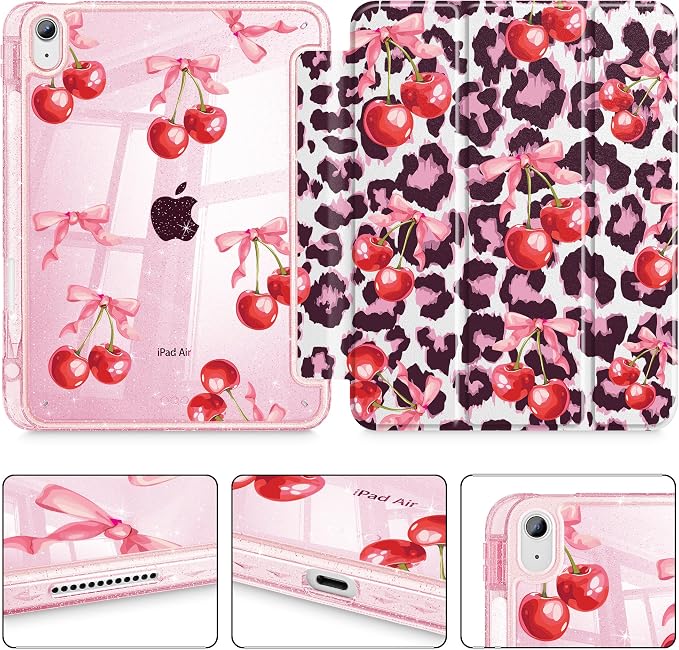 for iPad Air 11 inch M4/M3/M2 (2026/2025/2024) iPad Air 5th/4th Gen (2022/2020) 10.9 inch with Pencil Holder Glitter Clear Pretevtive Cover Auto Wake/Sleep Black Cartoon Stickers
