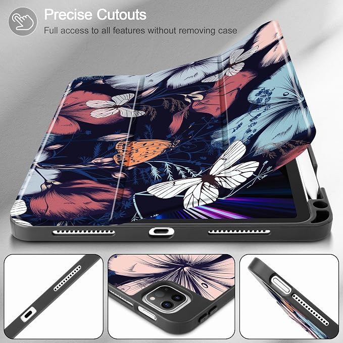 May Chen Case for iPad Pro 11 inch (4th 3rd 2nd &amp 1st Gen) 2022 2021 2020 2018 Trifold Stand + Pencil Holder + Auto Wake/Sleep + Soft TPU Protective Stand Back Cover Abstract Floral