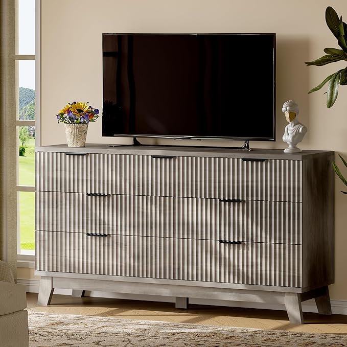 Fluted Dresser with 7 Drawers, 58" Wide Modern Chest of Drawers with Metal Handle, Wooden Dresser TV Stand, Wood Closet Clothes Storage Organizer for Bedroom, Living Room, Hallway, Light Grey