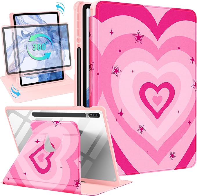 Wazzasoft for Samsung Galaxy Tab S7/S7 Plus/S8 Plus Case - 12.4 Inch Folio Cover with Pencil Holder - Women/Girl Cute Girly Black Flower Unique Design - Rotating Tablet Case