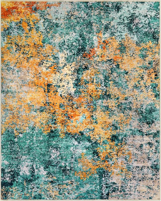 Washable Area Rug for Living Room: 10X14 Modern Abstract Neutral Soft Rug for Bedroom Dining Room No Slip Low Pile Carpet for Nursery Home Office - Teal/Orange