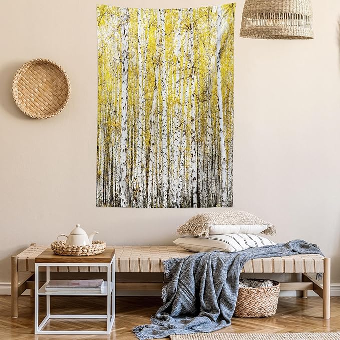 Ambesonne Forest Tapestry, Autumn Birch Forest Golden Yellow Leaves Woodland October Seasonal Nature Picture, Fabric Wall Hanging Decor for Bedroom Living Room Dorm, 30" X 45", Yellow Grey