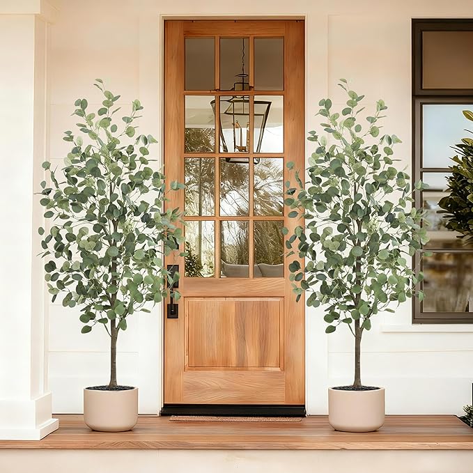 2Packs Faux Eucalyptus Tree 5FT Tall Artificial Eucalyptus Tree Indoor Outdoor, Fake Eucalyptus Plant with Green Silver Dollars Silk Leave, Fake Floor Plants, Present for Friend Housewarming Decor