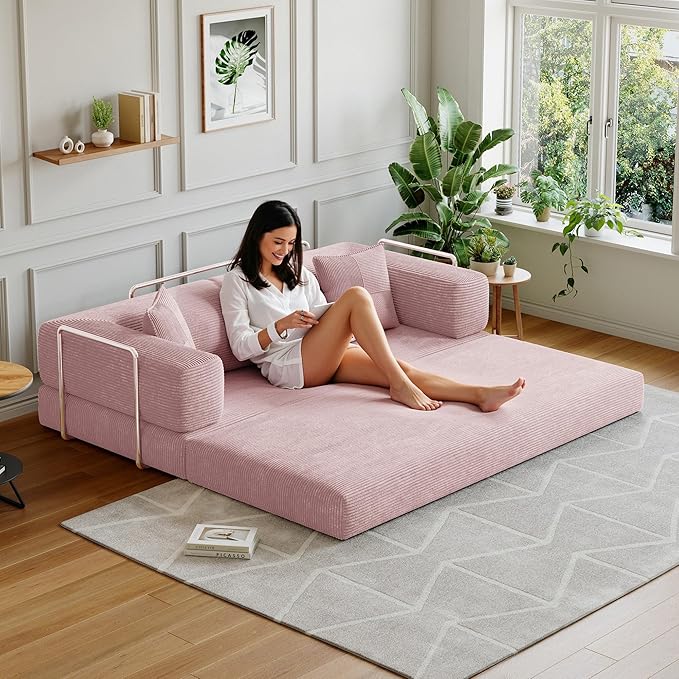 98.4''Convertible Sleeper Sofa Bed,Compressed Floor Boneless Couch,Modular Modern Corduroy Sofa for Living Room Bedroom -with Fixed-Shape Frame and Support Armrest,Easy Assembly(Pink)