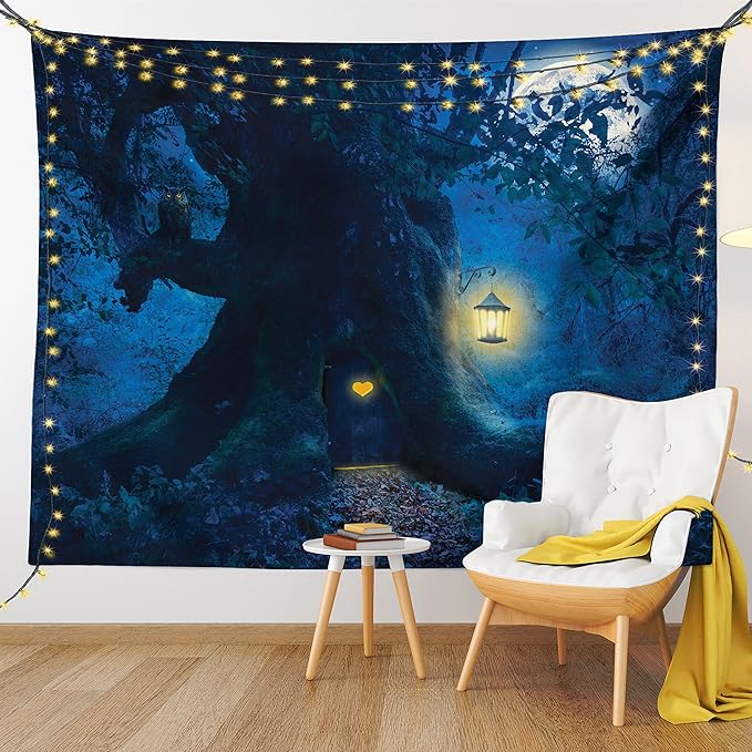 Ambesonne Fantasy Tapestry King Size, Night with a Little Home in The Trunk of an Tree in The Woods Print, Wall Hanging Bedspread Bed Cover Wall Decor, King Size, Navy Blue