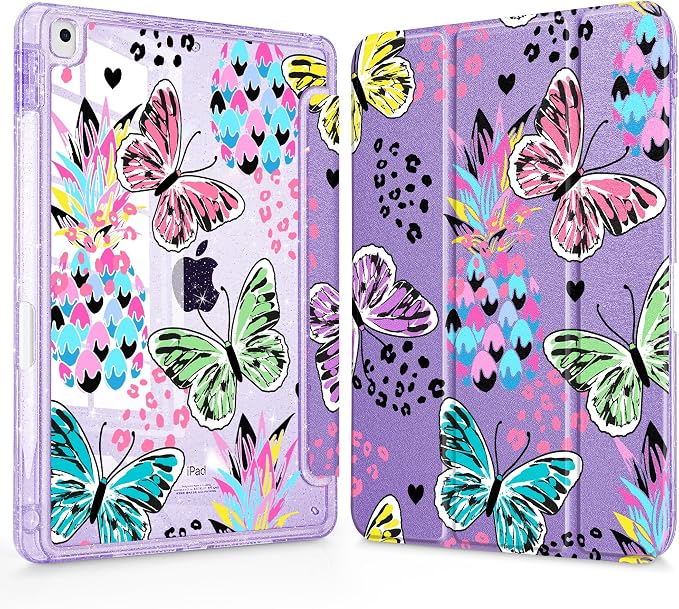 Mektron Sparkly Case for iPad 10.2 inch Glitter Tablet Cases for iPad 9th Gen 2021/8th Gen 2020/7th Gen 2019 Cover with Shiny Clear Back Shell Foldable Bling Smart Cover Blue Floral