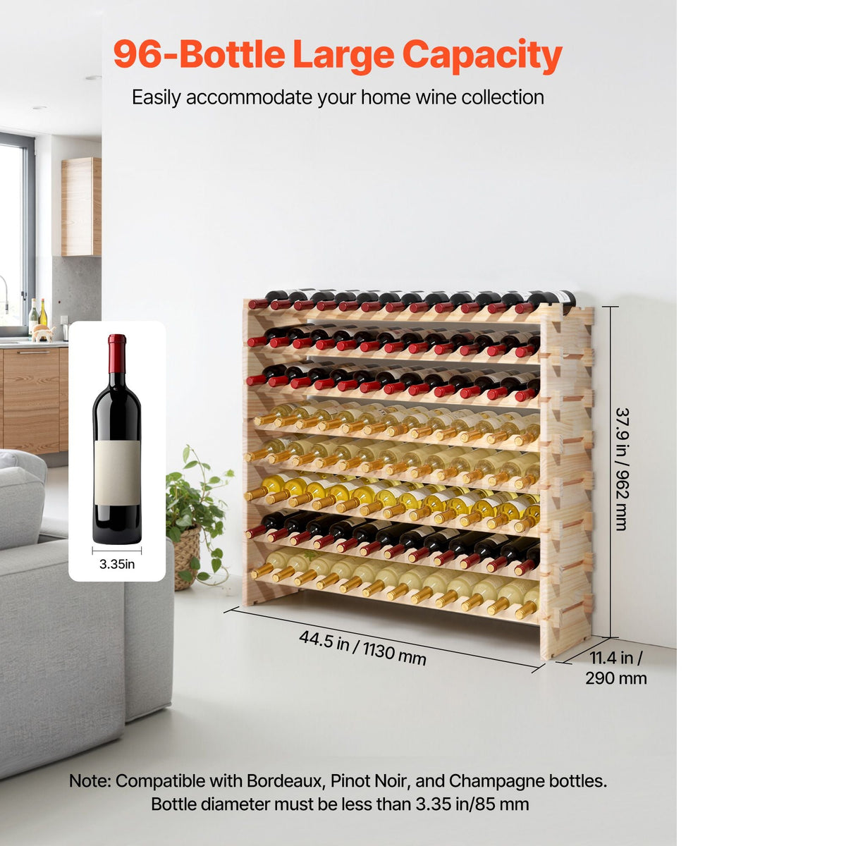 96 Bottle Stackable Modular Wine Rack, 8-Tier Wine Bottle Holder,Solid Wood Floor Freestanding Wine Storage Rack For Pinot Noir bottles,For Kitchen, Cellar, and Bar, Natural