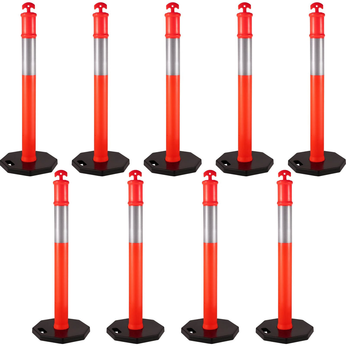 9Pack Traffic Delineator Posts 44 Inch Height, PE Delineator Cones Post Kit 10 inch Reflective Band, Delineators Post with Rubber Base 16 inch for Construction Sites, Facility Management etc.
