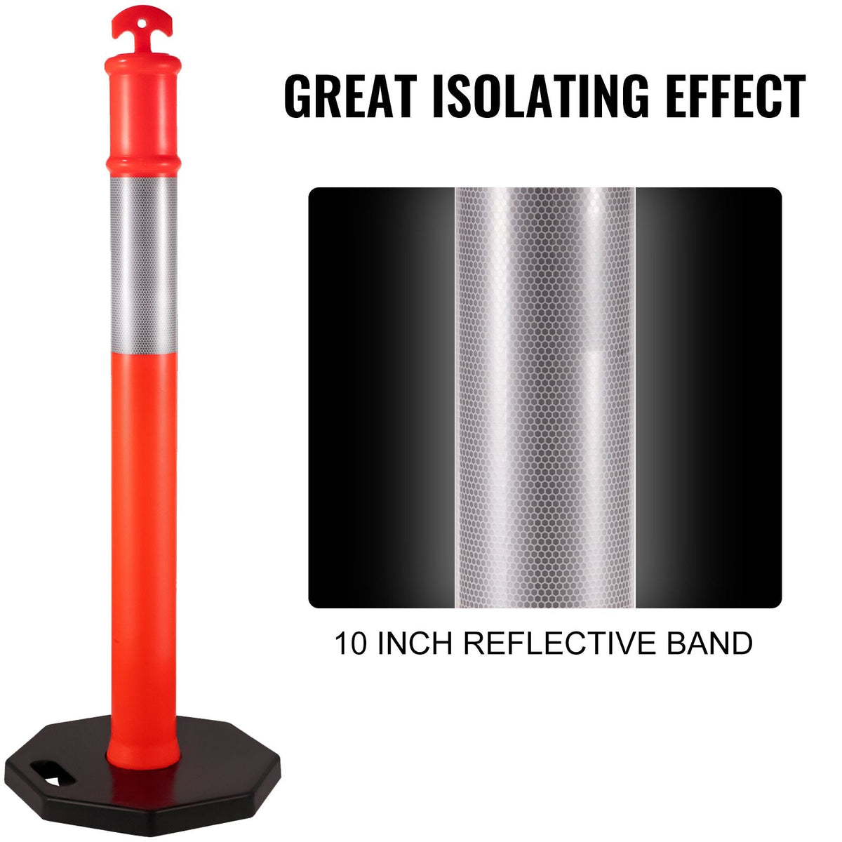 9Pack Traffic Delineator Posts 44 Inch Height, PE Delineator Cones Post Kit 10 inch Reflective Band, Delineators Post with Rubber Base 16 inch for Construction Sites, Facility Management etc.