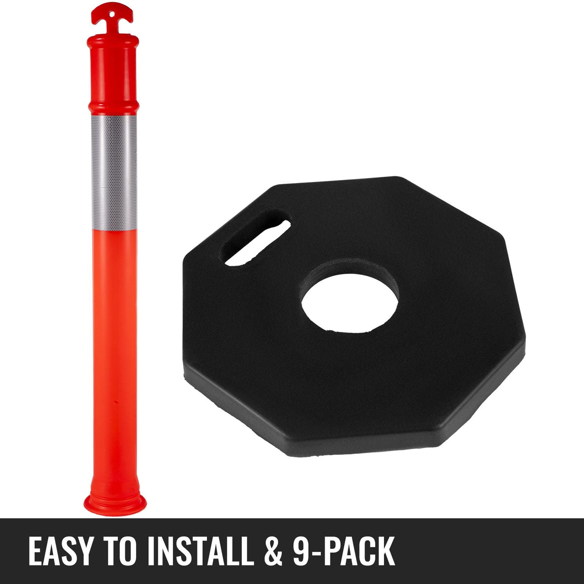 9Pack Traffic Delineator Posts 44 Inch Height, PE Delineator Cones Post Kit 10 inch Reflective Band, Delineators Post with Rubber Base 16 inch for Construction Sites, Facility Management etc.