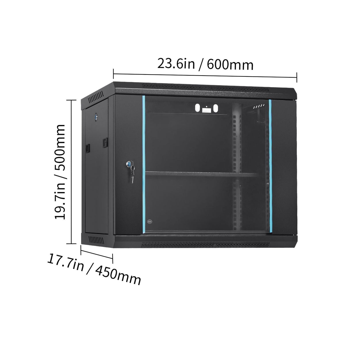 9U Wall-Mounted Server Network Cabinet, 15.5'' Depth, Secure Rack Enclosure, Supports up to 200 lbs, Features Lockable Glass Door and Side Panels, Ideal for IT and A/V Gear