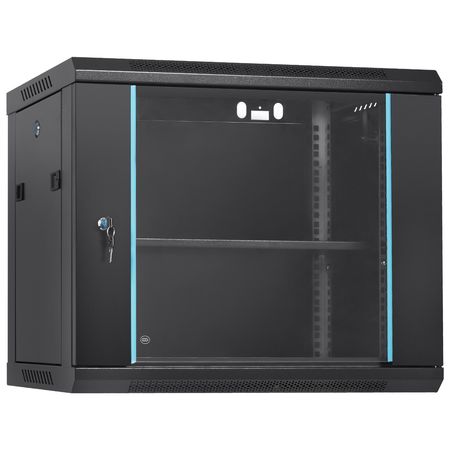 9U Wall-Mounted Server Network Cabinet, 15.5'' Depth, Secure Rack Enclosure, Supports up to 200 lbs, Features Lockable Glass Door and Side Panels, Ideal for IT and A/V Gear