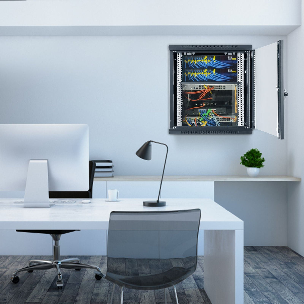 9U Wall-Mounted Server Network Cabinet, 15.5'' Depth, Secure Rack Enclosure, Supports up to 200 lbs, Features Lockable Glass Door and Side Panels, Ideal for IT and A/V Gear