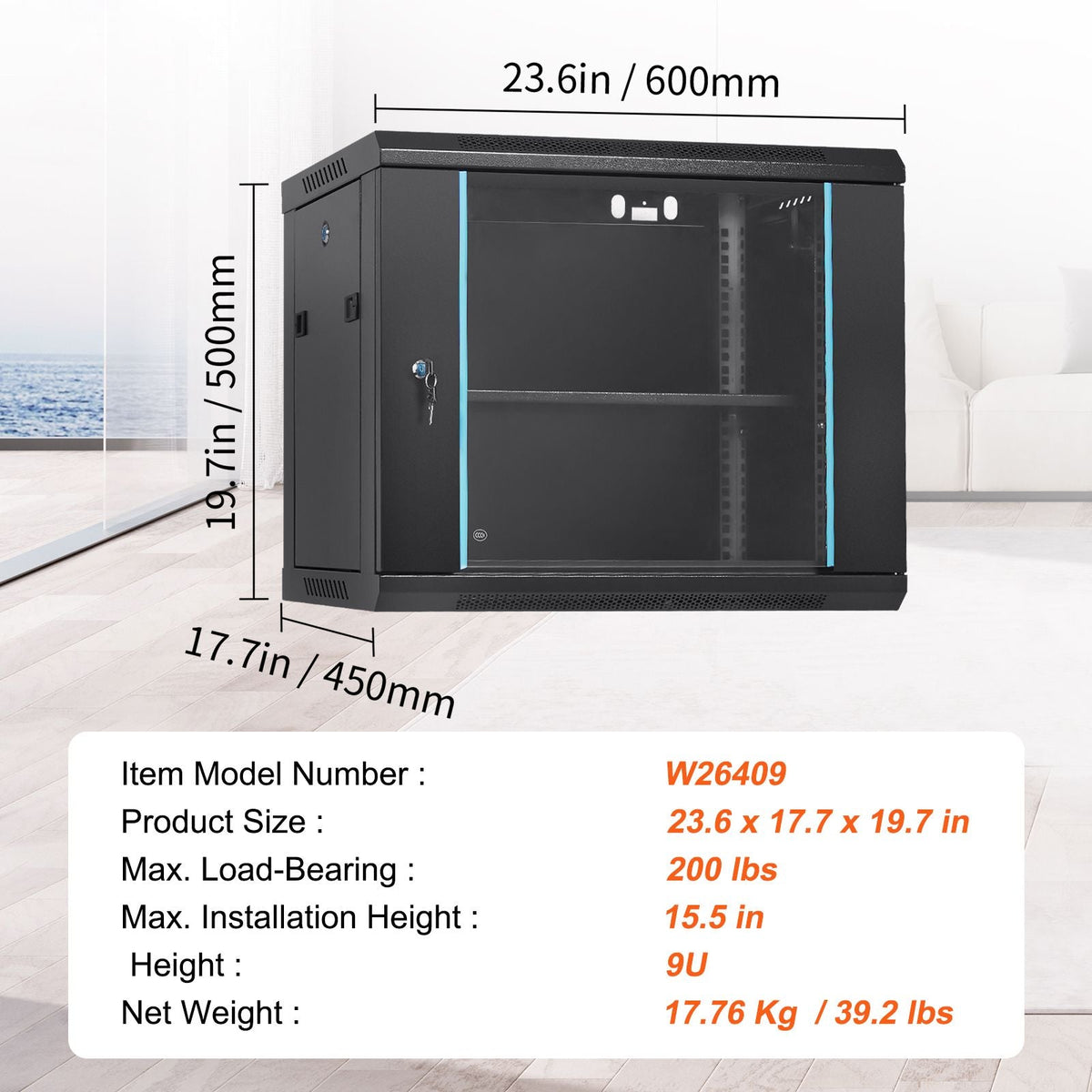 9U Wall-Mounted Server Network Cabinet, 15.5'' Depth, Secure Rack Enclosure, Supports up to 200 lbs, Features Lockable Glass Door and Side Panels, Ideal for IT and A/V Gear