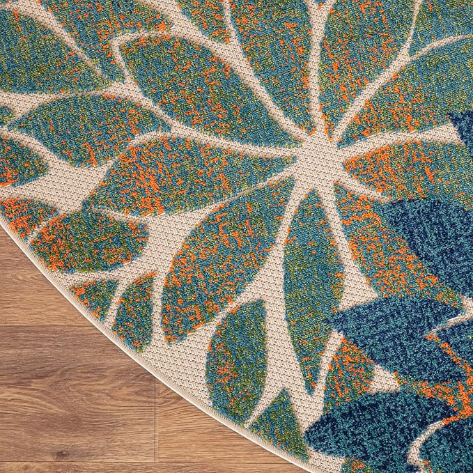 Nourison Home Aloha Tropical Blue Green 5'3" x Round Area -rug, Easy -cleaning, Non Shedding, Bed Room, Living Room, Dining Room, Kitchen (5 Round)
