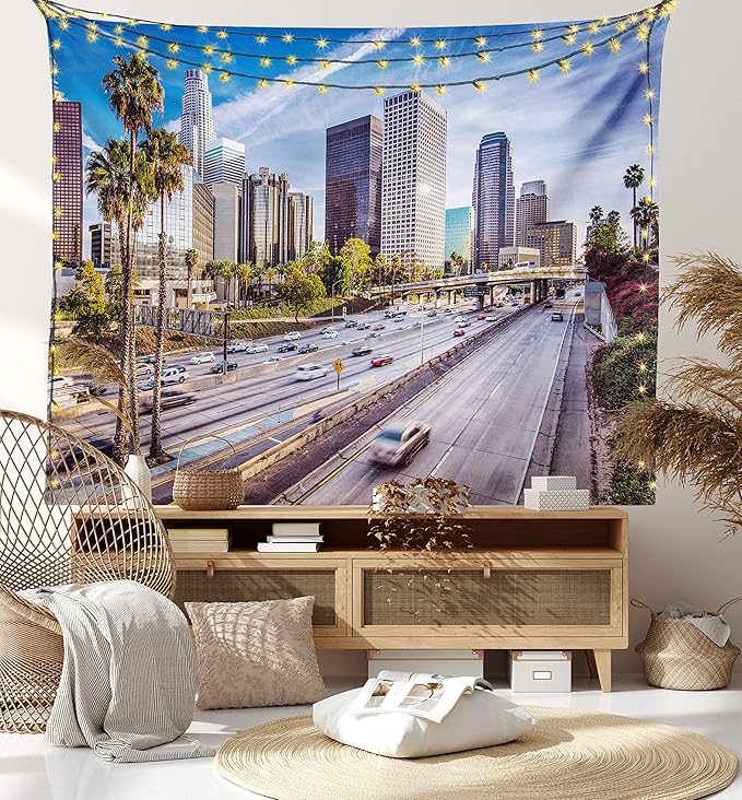 Ambesonne Travel Tapestry King Size, Downtown Cityscape of Los Angeles California USA Avenue Buildings Palms Print, Wall Hanging Bedspread Bed Cover Wall Decor, 104" X 88", Blue Grey Green