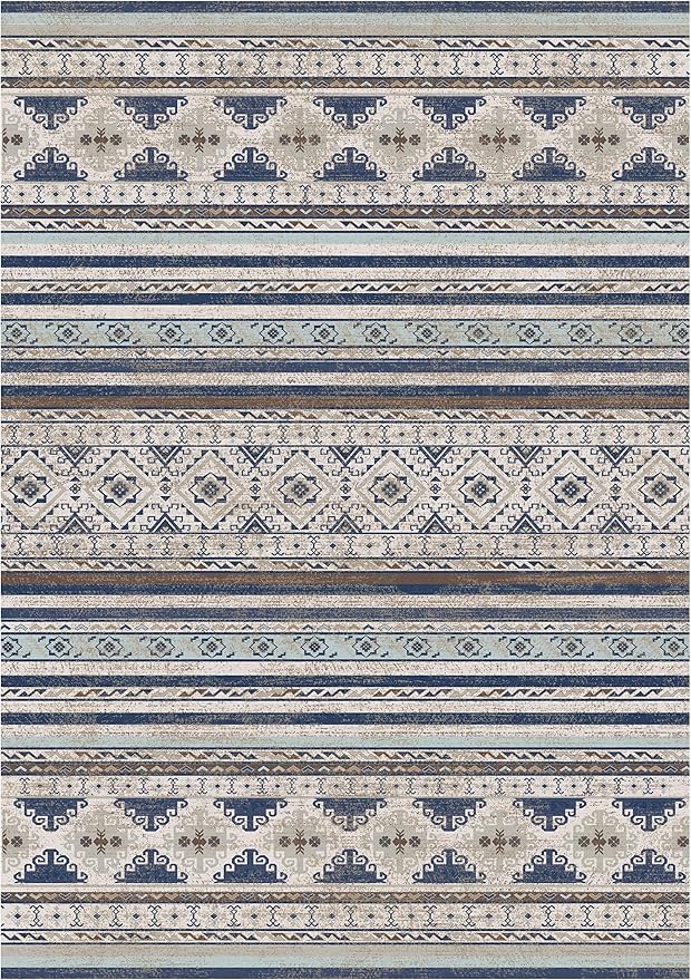 RUGSURE Washable Area Rugs 4' x 6' - 1/6 Thick - Moroccan-Inspired -Stain & Water Resistant Non-Slip - Resistant Rug for Living Room, Bedroom, Nursery, Pet & Child Friendly (Blue and Brown)