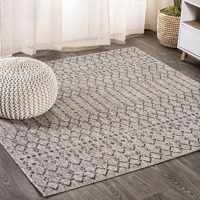 JONATHAN Y SMB108D-5SQ Ourika Moroccan Geometric Textured Weave Indoor Outdoor Area Rug, Bohemian, Rustic, Scandinavian Easy Clean,Bedroom,Kitchen,Backyard,Patio, Non-Shed, Natural/Black, 5' Square