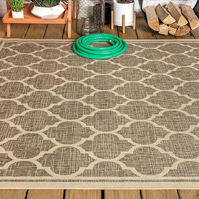 Eyely BMS109A-6 Santa Monica Trebol Moroccan Trellis Textured Weave, Pet Friendly, Non-Shedding, Stain Resistant, Easy-Cleaning, Brown/Beige, 6 ft. x 9 ft., Indoor/Outdoor, Area Rug